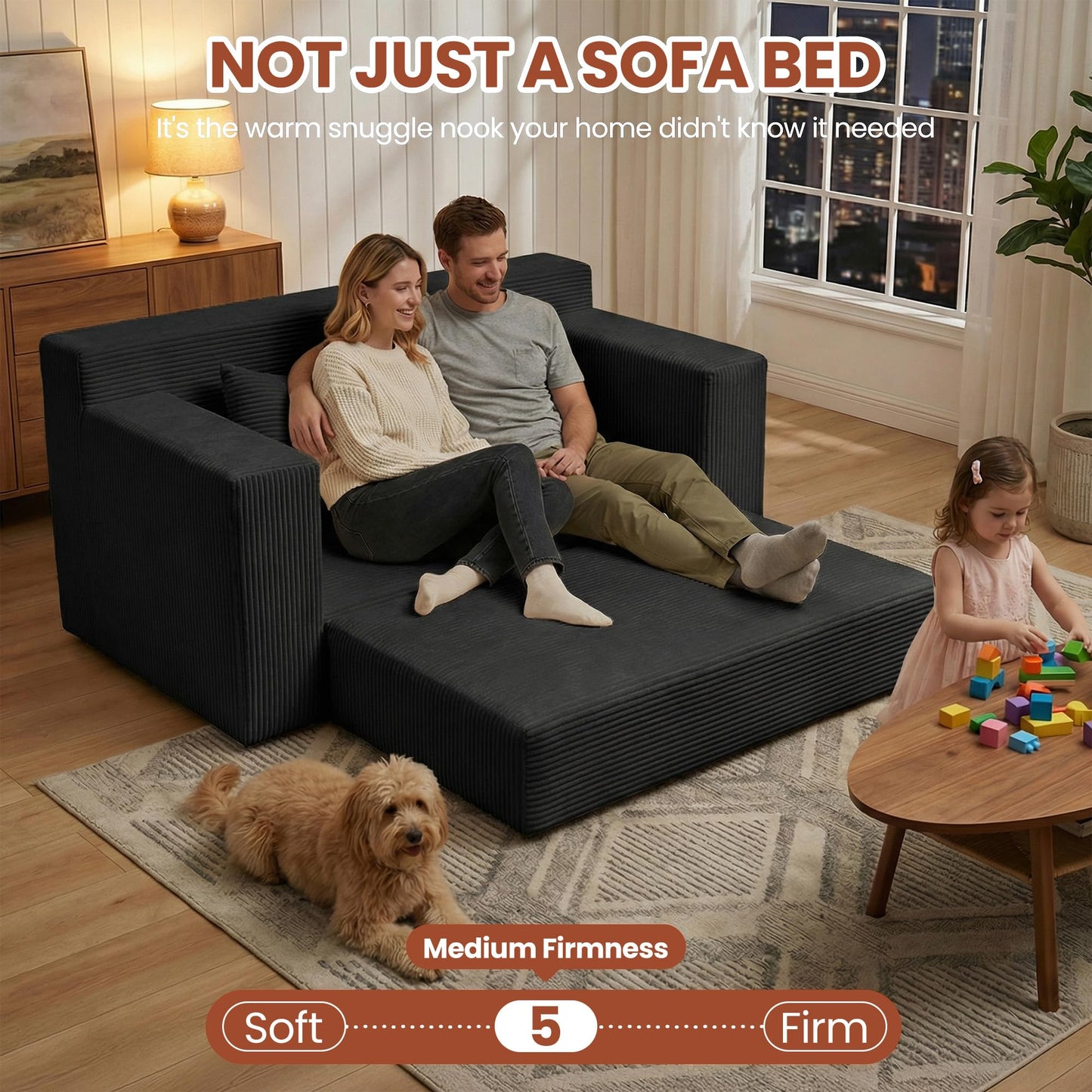 AOLVDOW Convertible Sofa Bed, 5 in 1 Small Boneless Couch Pull Out Loveseat Sleeper Sofa,Corduroy Futon Couch Folding Mattress with 4 Pillows for Living Room (Black, 56INCH)