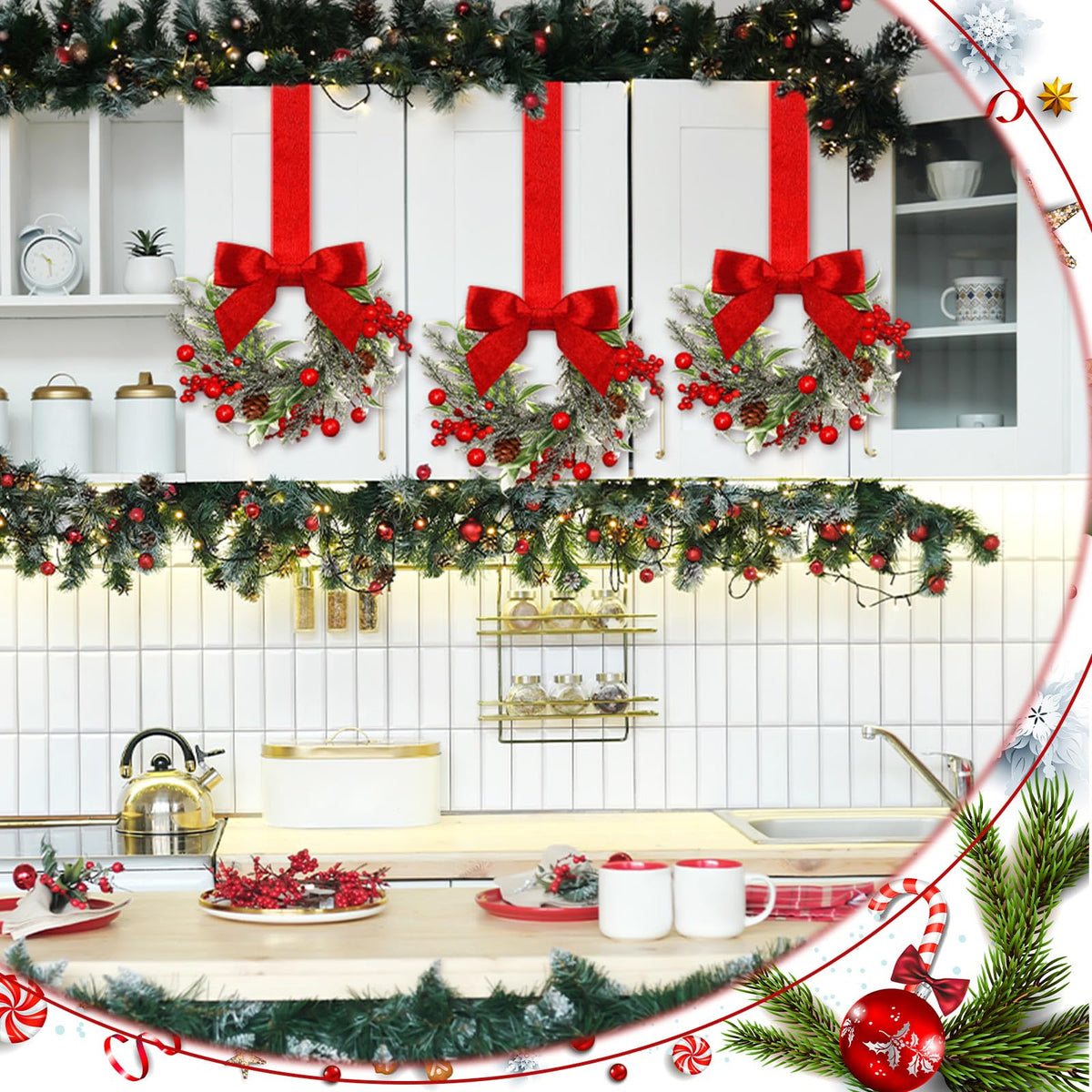 Dingion 6 Pcs 6" Christmas in July Mini Cabinet Wreaths for Kitchen with Ribbon Bows Red Berry Small Window Wreath for Window Door Farmhouse Christmas Party Decorations
