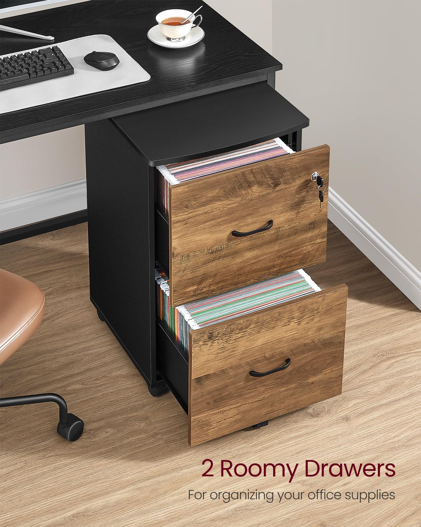 VASAGLE Custos Collection - 2-Drawer File Cabinet, Locking Filing Cabinet for Home Office, Small Rolling Printer Stand, A4, Letter-Size Hanging Files, Assembly Required, Earthy Warm Brown ULCD027B01