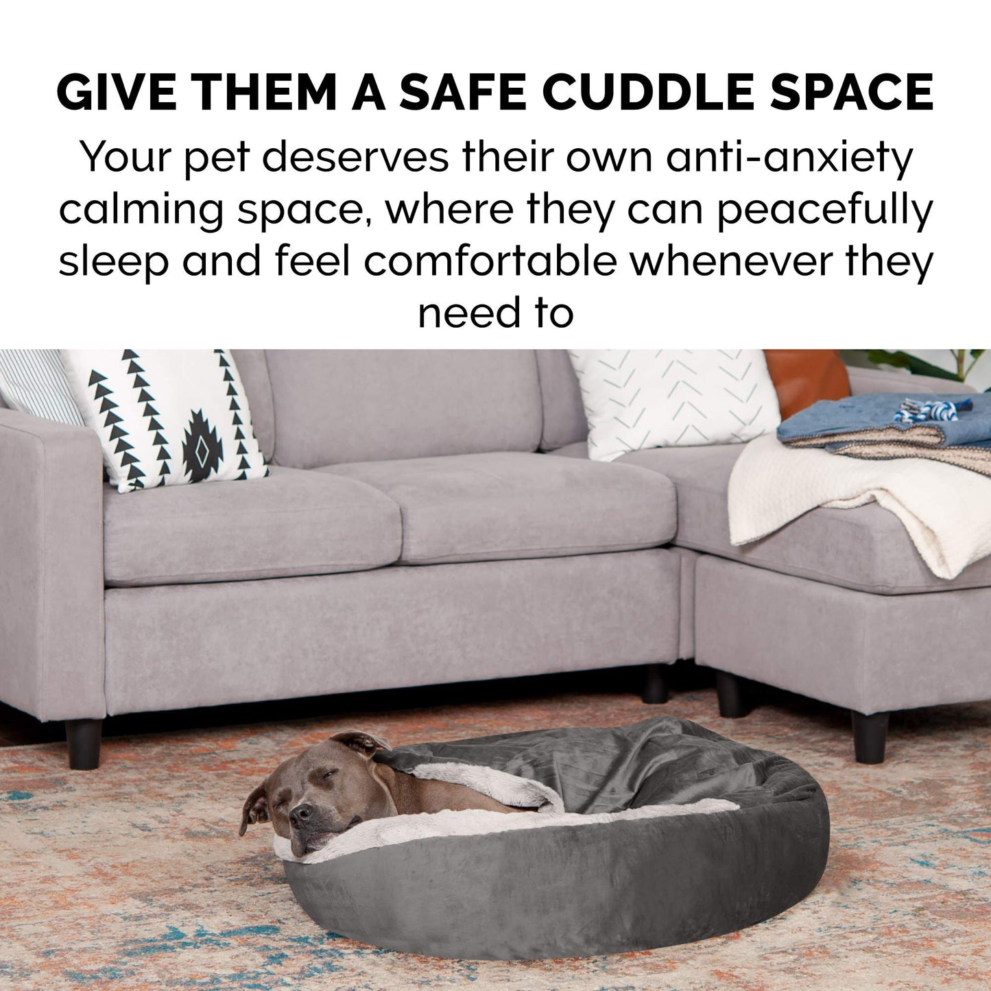 Furhaven 24" Round Calming Donut Dog Bed for Indoor Cats & Small Dogs, Washable, For Dogs Up to 20 lbs - Plush Velvet Waves Hooded Donut Bed - Dark Gray, Small