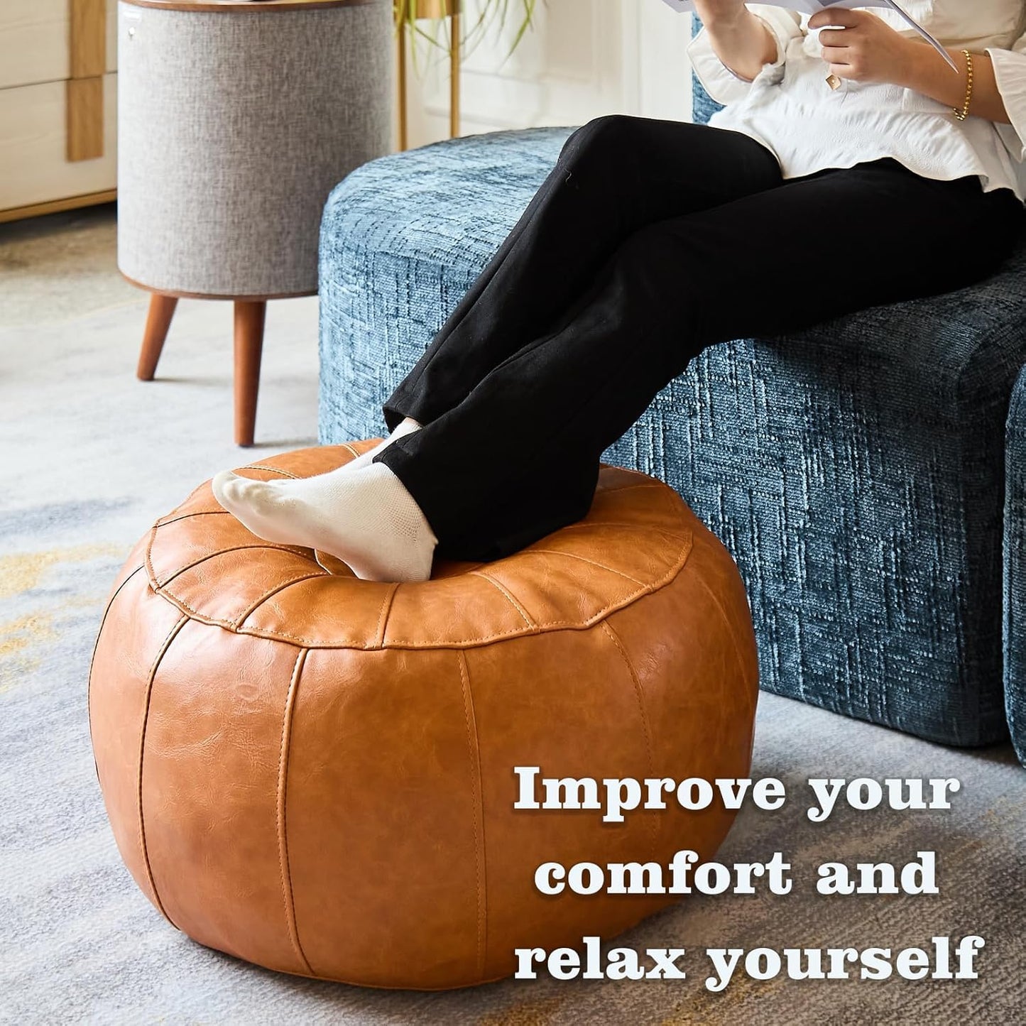 Louis Donné Unstuffed Pouf Ottoman Foot Rest Cover, Waterproof Faux Leather DIY Small Bean Bag Cover, Pet Friendly Easy Clean Storage Floor Chair for Reading & Relaxing, Orange (Cover Only)
