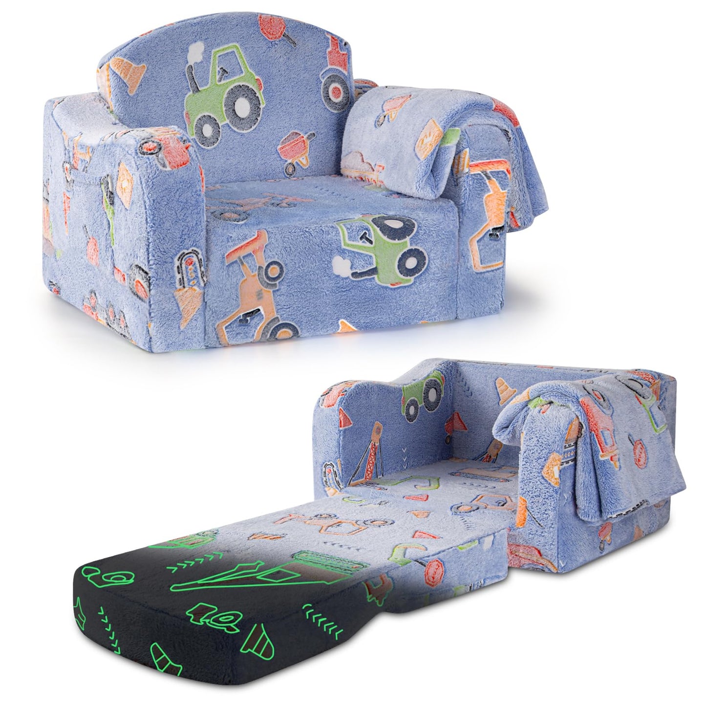 Airpanda Comfy Kids Chair and Couch with Blanket,2-in-1 Soft Fold Out Couch for Girls and Boys,Convertible Sofa Chair for Playroom,Car Excavator