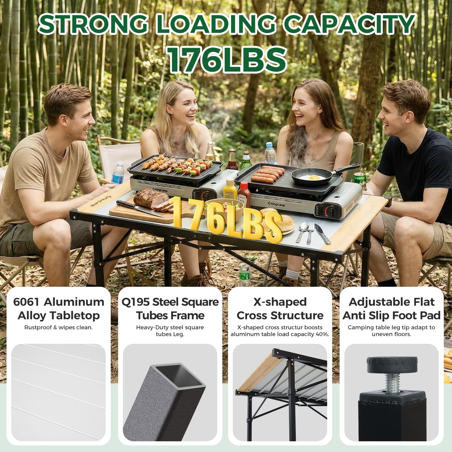 KingCamp Folding Camping Table, Aluminum Roll-Up Camp Table, Large Foldable Table for 4-6 Person, Outdoor Portable Tables with Carry Bag, 176 LBS Heavy Duty Load (Bamboo：40.16“x27.5”，4-6 People)