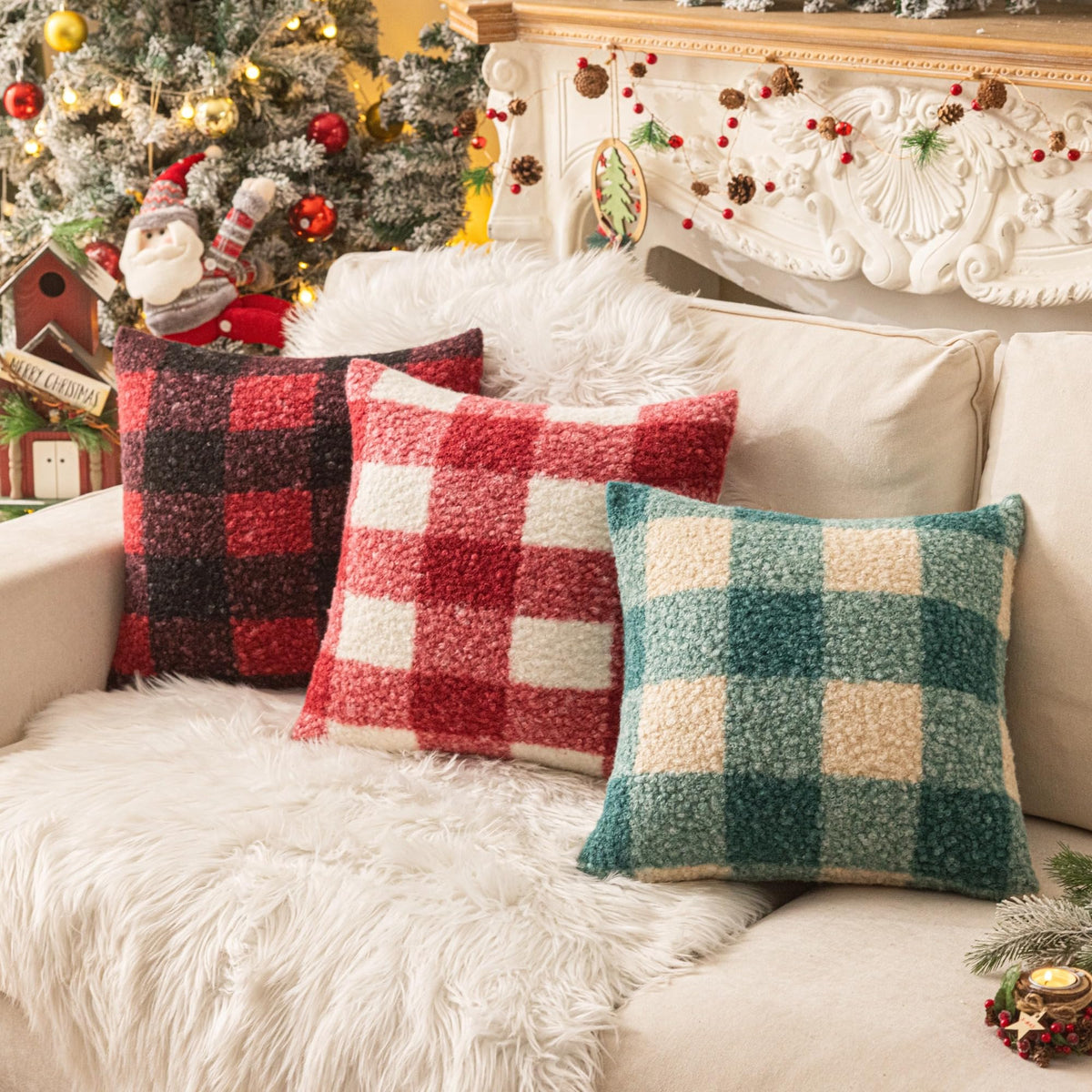 AQOTHES Red White Plaid Christmas Throw Pillow Covers 18x18 Inch Set of 2, Boucle Decorative Pillow Covers,Cozy Fluffy Home Living Room Farmhouse Decor for Sofa Couch Bed