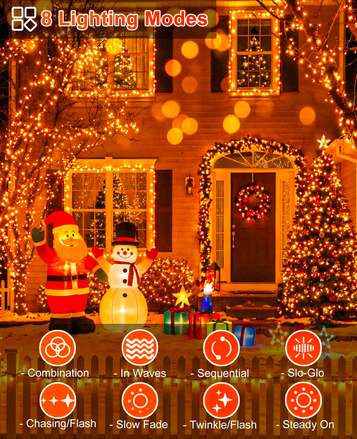 XmasBokeh 40FT 120 LED Christmas Lights Outdoor, Orange Christmas String Lights Waterproof, 8 Modes Connectable Christmas Tree Lights for Indoor Bedroom Xmas Tree Garden Holiday Decorations