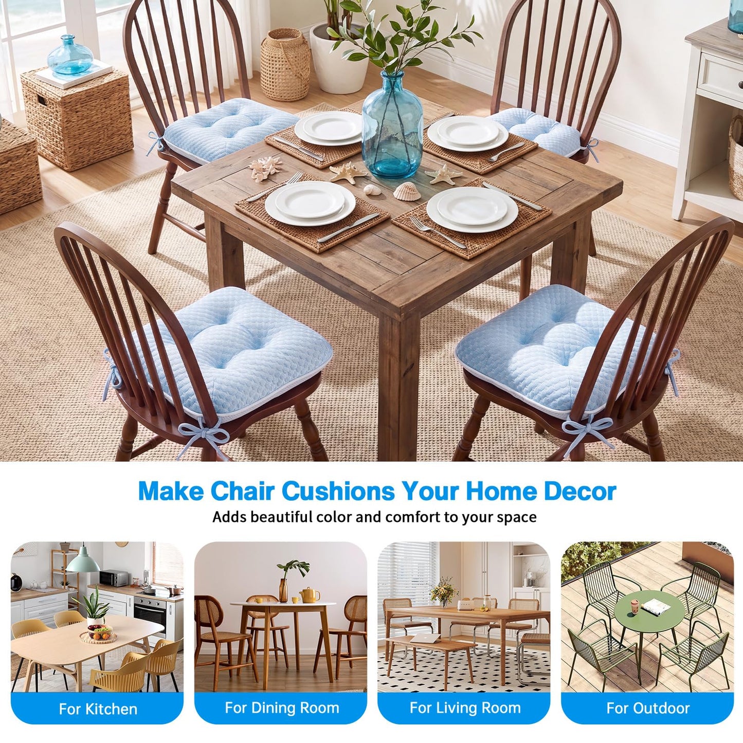 BETU Chair Cushions for Dining Chairs Set of 4, Seat Cushion Kitchen Table Chair Pads with Ties,Non Slip Backing and Covers, Seat Cushions for Dining Room,Bar,Patio Chairs,15.5"X15.5"X3.5",Blue
