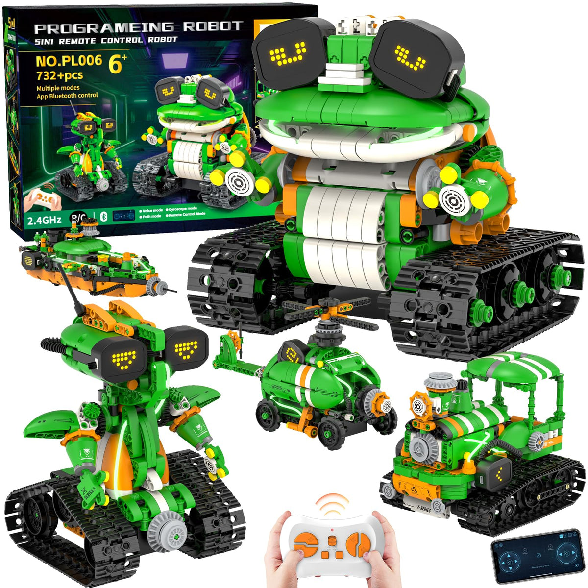 QHECTTY STEM Robot Building Kits for Kids 6-14, 5in1 Remote & APP Controlled STEM Tractor/Frog/Robot Building Toys, 732 Pcs Educational Building Block Sets for Kids, Erector Sets Gifts for Boys Girls