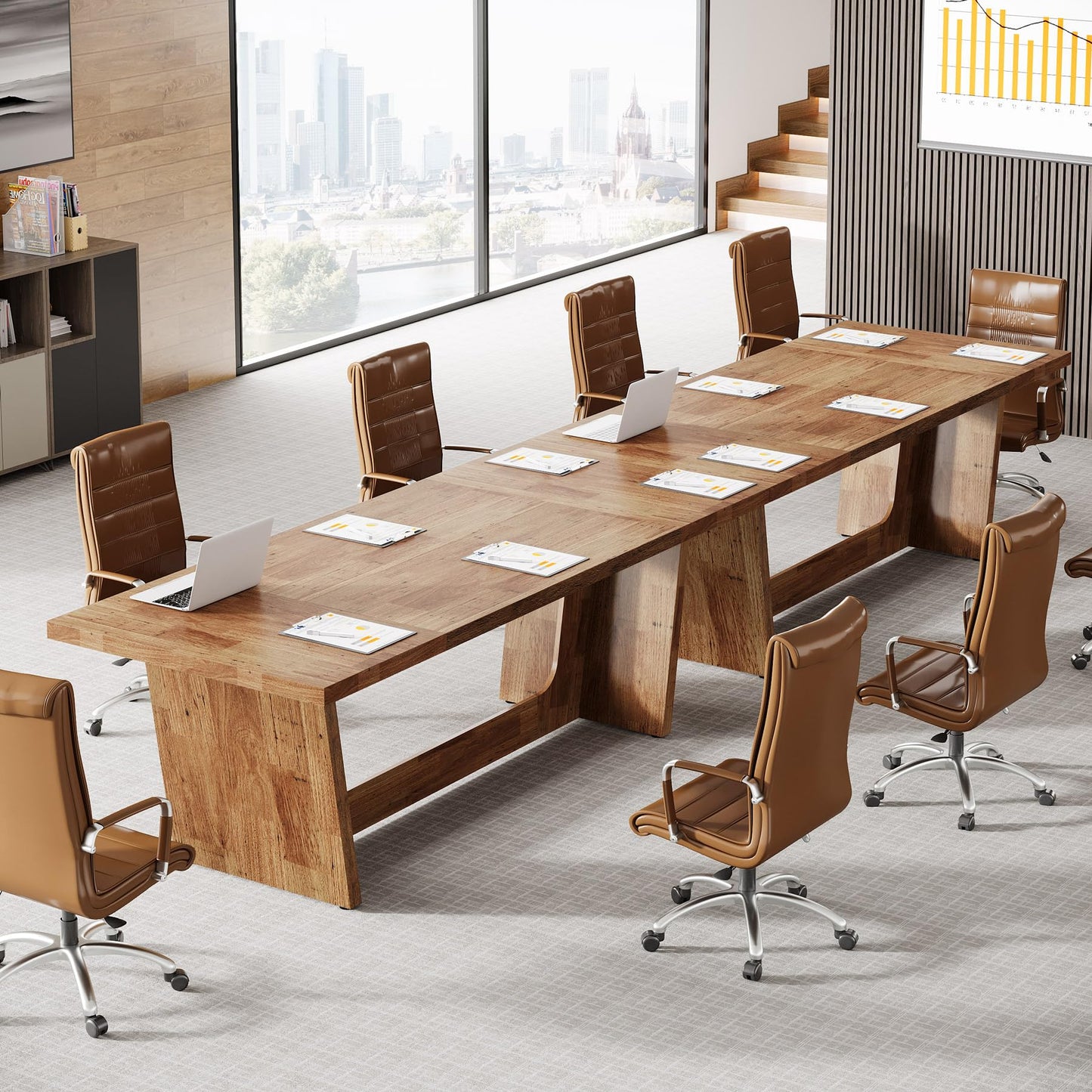 Tribesigns 6 FT Conference Room Table, 71” Rectangular Meeting Table for Office, Large Executive Seminar Desk for 6–8 People, Heavy-Duty Business Boardroom Table with Wooden Pedestal Base, Light Brown