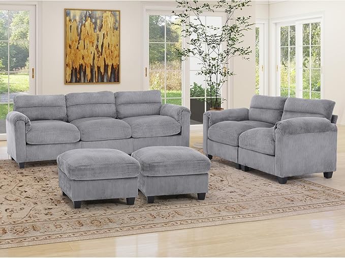 HAOMARKETS Corduroy 4-Piece Sofa Set, Upholstered Ottoman Set of 2, Loveseat