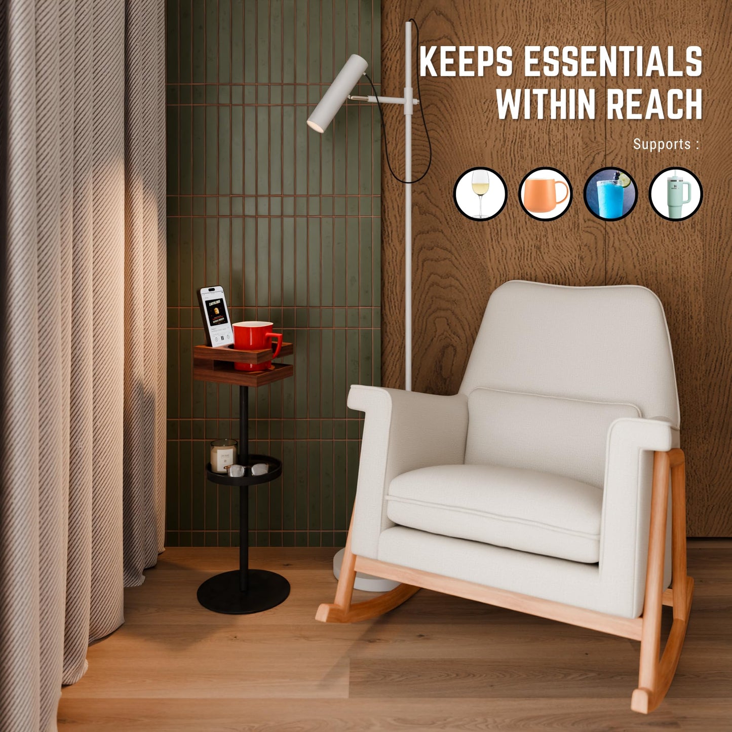 Bambrythm Drink Table for Small Spaces - Slim Pedestal Side Table with Real Wood Top & Stable Base for Coffee & Cocktails - Ideal for Tight Living Room & Bedroom Spaces (Sapele)