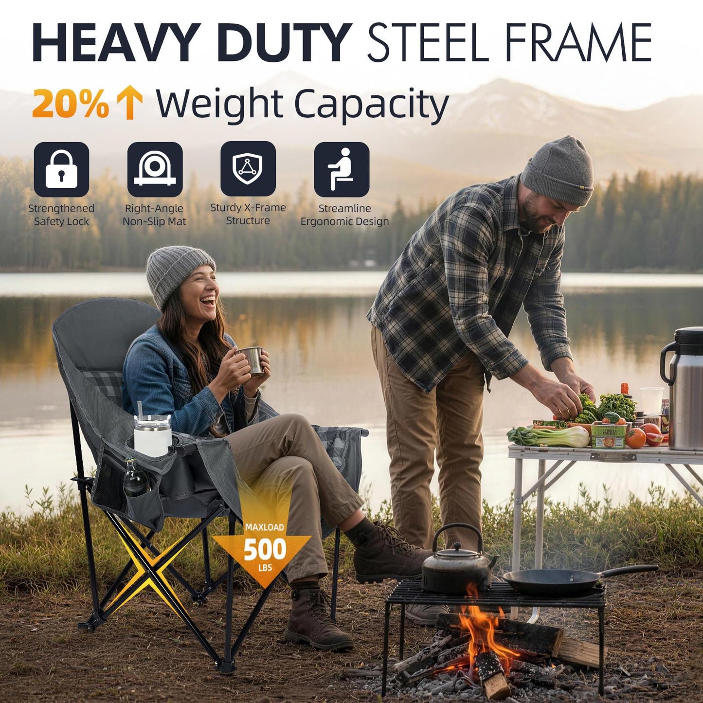 Oversized Camping Chair for Adults - Heavy Duty Outdoor Padded Large Lawn Camp Chair with Cup Holder Cooler Pockets for Sports Beach Fishing Garden Portable Supports 500lbs, Grey 2 Pack