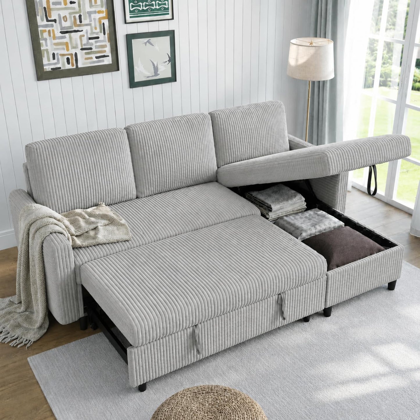 Walsunny 77" Sectional Sleeper Sofa with Pull Out Bed, Modern L-Shaped Corduroy Convertible Couch with Storage Chaise, Reversible Sofa Bed for Small Spaces, Apartment, Office, Light Grey