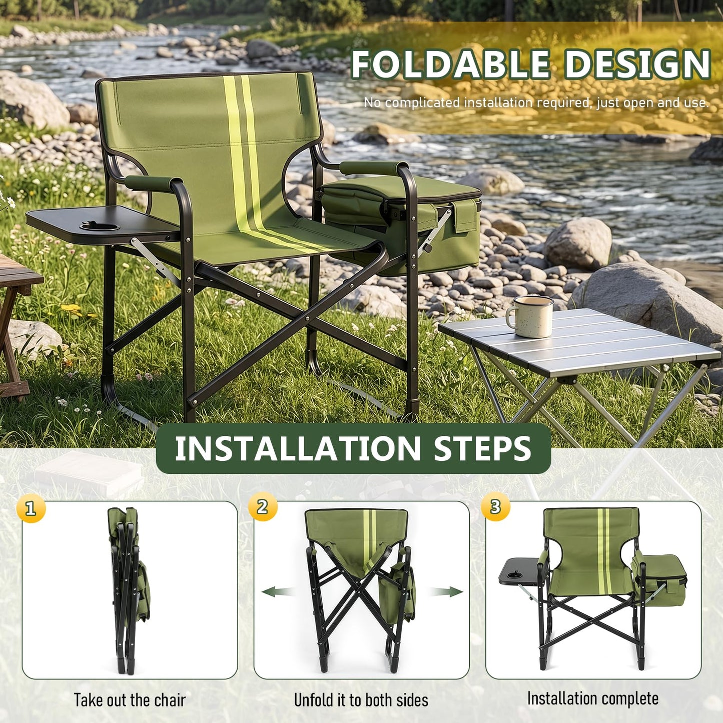 Outvita Heavy Duty Folding Camping Director Chair with Insulated Cooler Bag, Side Table & Cup Holder, 300LBS Sturdy Portable Chair for Camping Fishing Tailgating Backyard BBQ