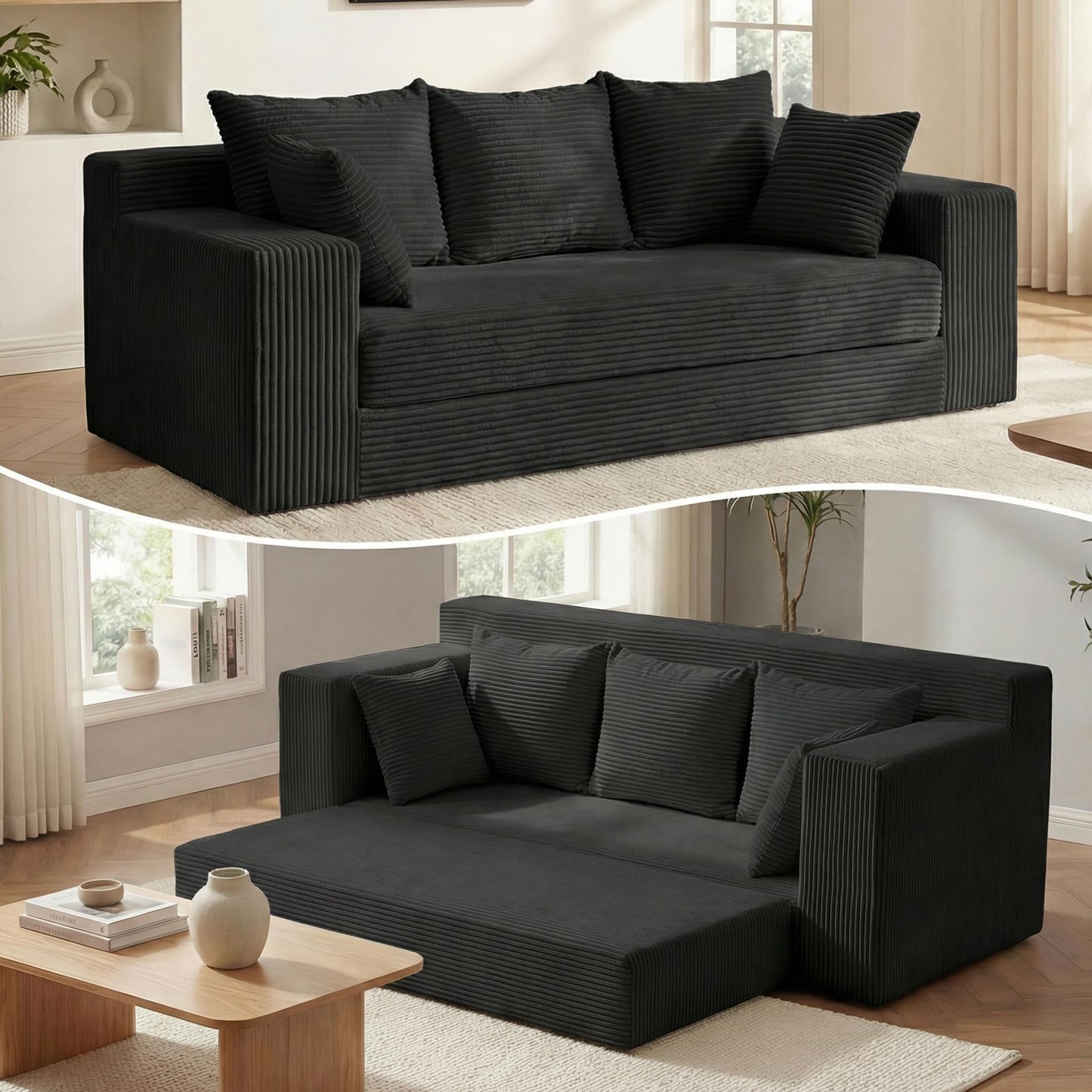 AOLVDOW Convertible Sofa Bed, 5 in 1 Small Boneless Couch Pull Out Loveseat Sleeper Sofa,Corduroy Futon Couch Folding Mattress with 4 Pillows for Living Room