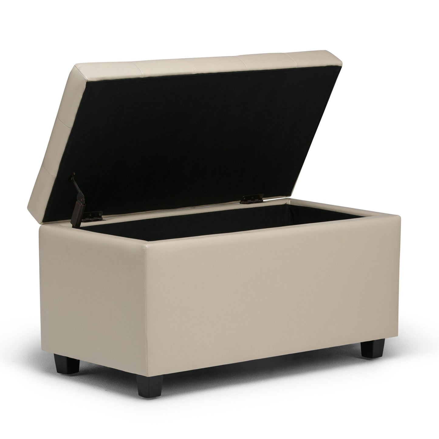 SIMPLIHOME Cosmopolitan Storage Ottoman - 34 inch Wide Upholstered Vegan Leather Rectangle Storage Ottoman Bench in Satin Cream, Transitional Tufted Ottoman for Living Room with Lift-Up Lid