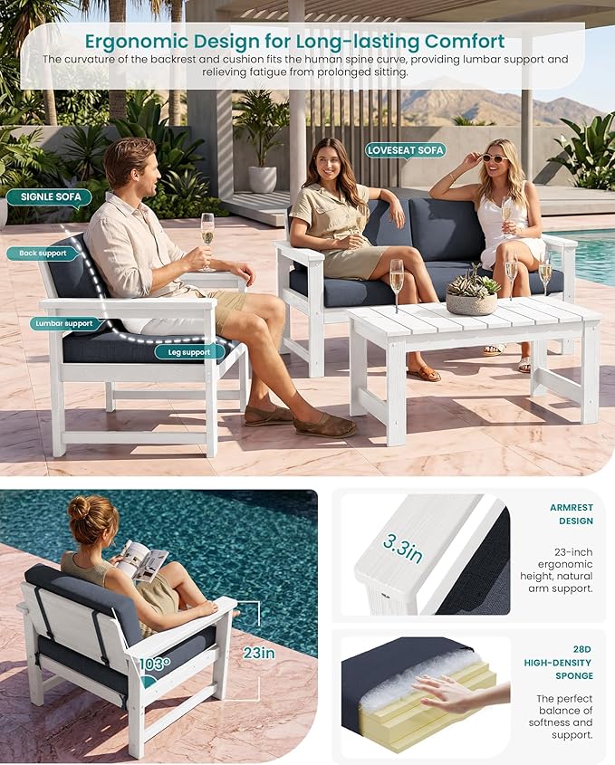 SERWALL 2 Pieces Single Cushioned Lounge Chair, HDPE Outdoor Adirondack Sofa