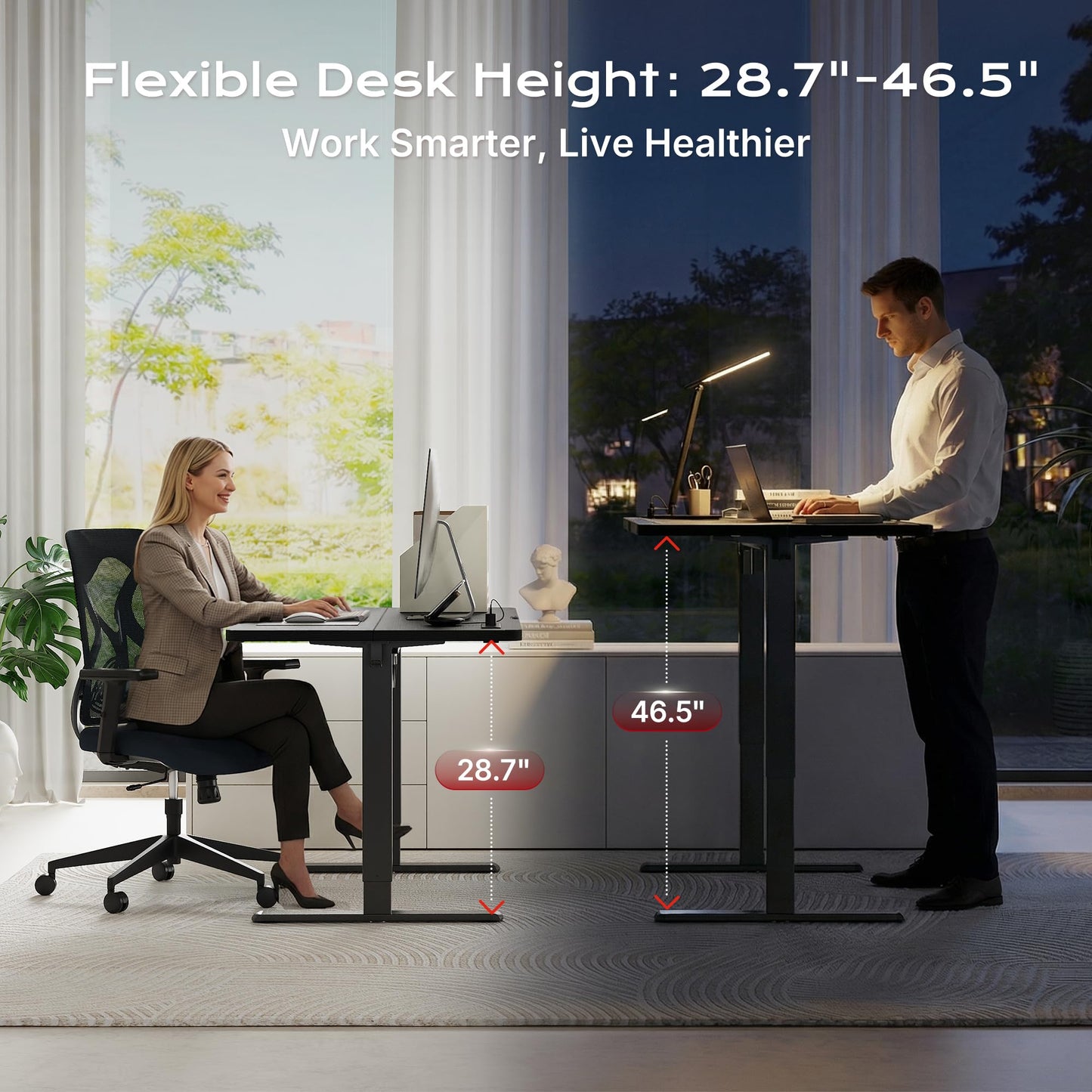Huuger Electric Standing Desk with Power Outlets and USB-C Port, 47 X 24 Inch Height Adjustable Desk, Sit Stand Desk for Home Office, Computer & Gaming Desk with 4 Presets, Stable Steel Frame, Black