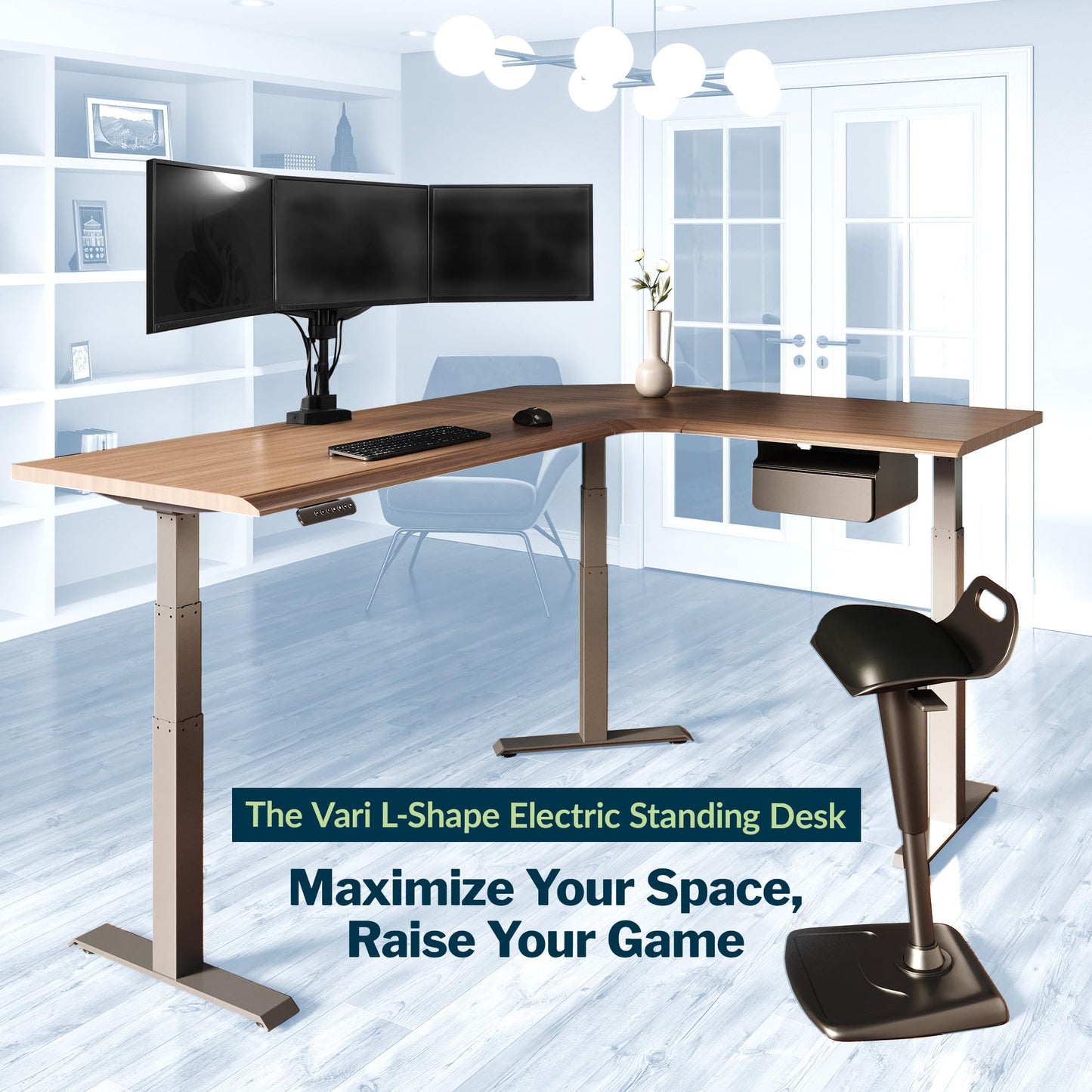 Vari ComfortEdge 80x60 L-Shape Desk- Varidesk Electric Electric Height Adjustable Corner Desk- Home Office Workstation - Walnut Top/Slate Legs (Ships in 3 Boxes)