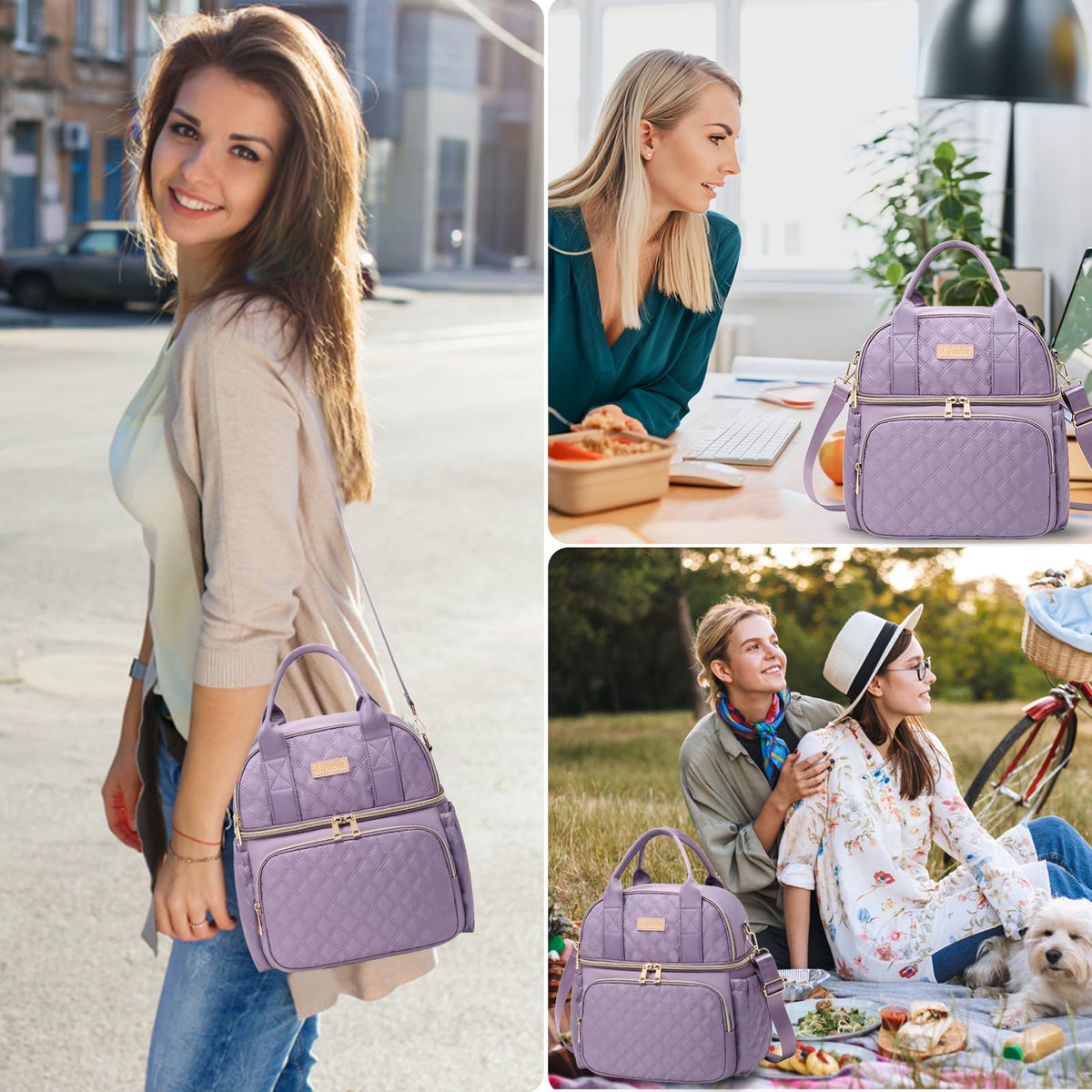 AIJIEKE Large Insulated Lunch Bag for Women, Double Compartment Leakproof Lunch Box for Work Office, Reusable Cooler Tote with Adjustable Strap & Side Pockets for Adults Picnic Beach, Purple