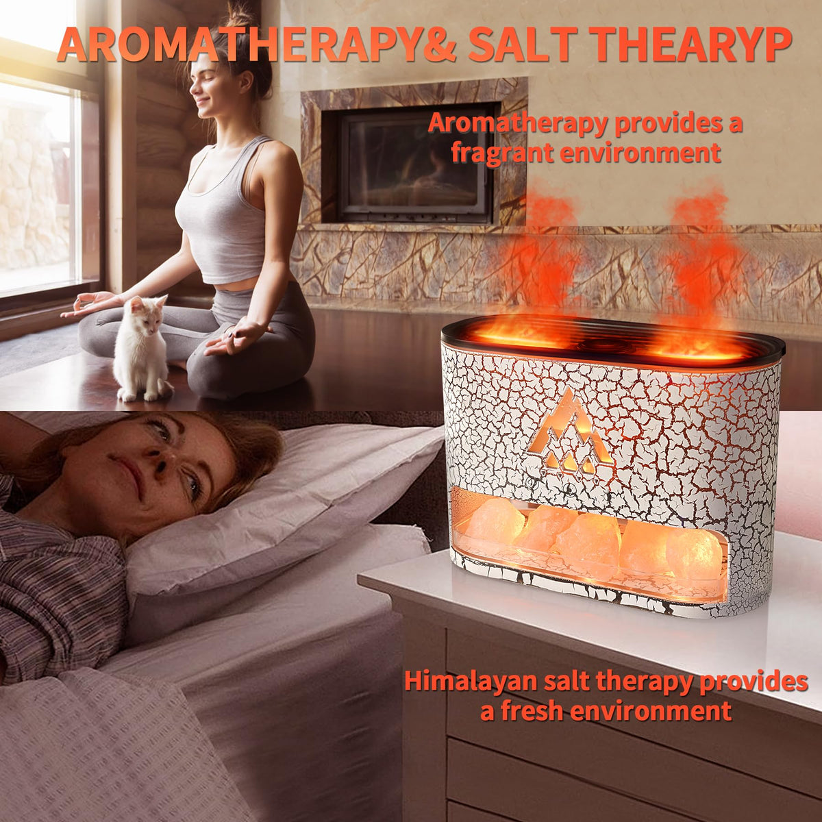 BOHOFAM Essential Oil Diffuser with Himalayan Salt lamp,Double Flame/Jellyfish 2 Mode Aroma Diffuser/Humidifier, Colorful Lights,4 * 10ML Hotel Collection Diffuser Oils Scents,for Home Bedroom(White)
