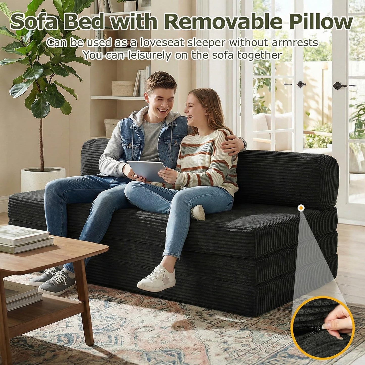 NLDD 5-in-1 Convertible Sofa Bed, Boneless Couch Loveseat with Removable Cushions & Washable Cover, Futon Sofa Bed with Handle, Pull Out Couch for Small Spaces, Queen Size, Black