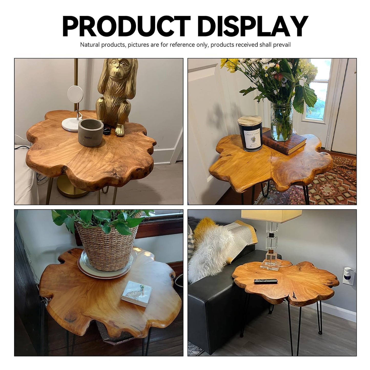 GJRIEFD 27.5 Inch Live Edge Side Table, Wood Small End Table with Waterproof, Rustic Accent Table Unique for Living Room, Bedroom, Home, Freeform