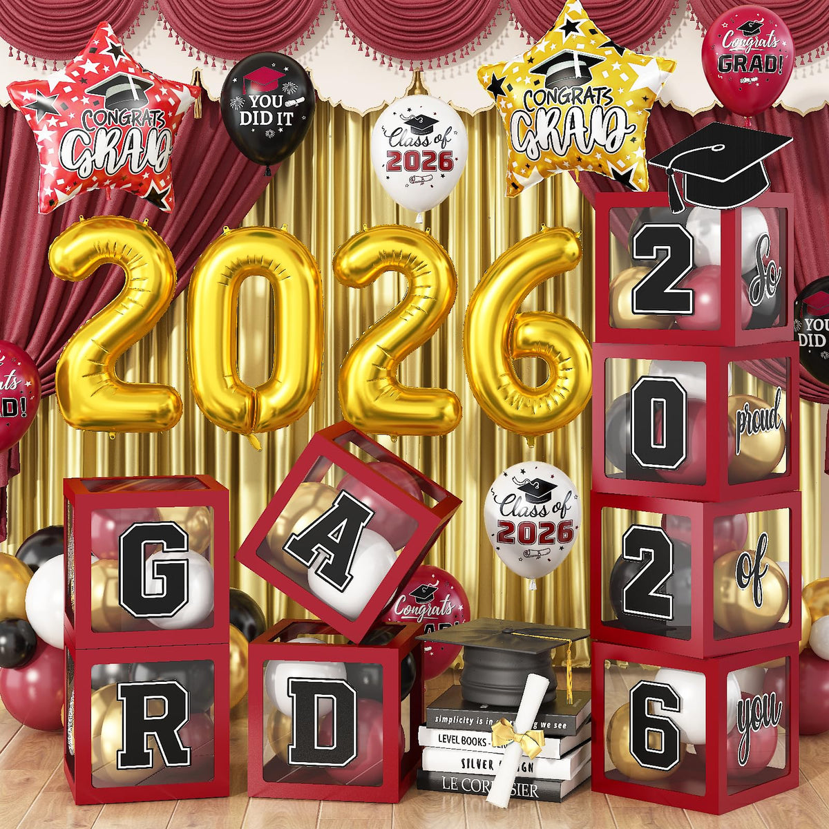 Maroon Prom Graduation Decorations Gold 2026 Number Balloons Boxes Burgundy Black Congrats Party GRAD So Pround of You Letters Star Foil Wine Red White Balloon Backdrop School College Celebrations