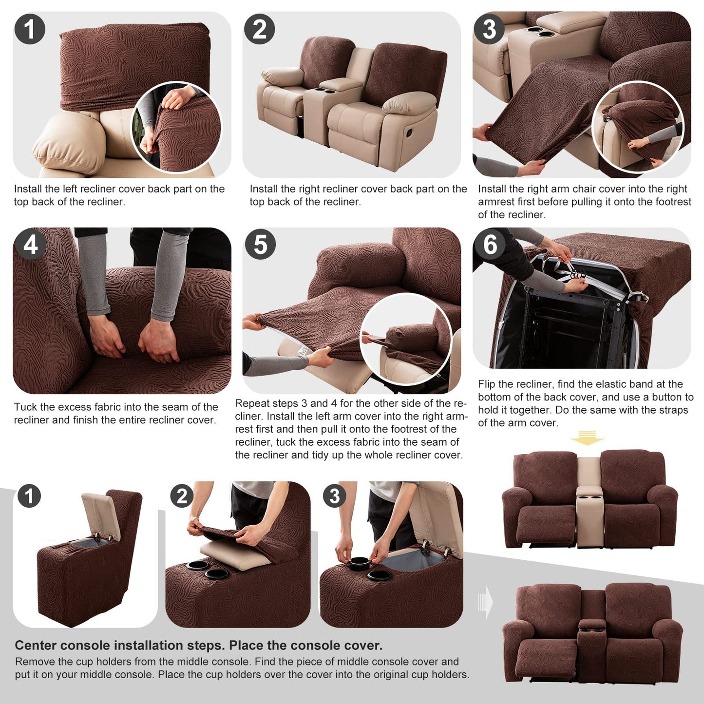 YUEANG Recliner Loveseat Cover with Center Console, 2 Seater Leopard Recliner Sofa Slipcover with Pockets Washable Stretch Reclining Couch Covers Furniture Protector with Elastic Straps (Beige)