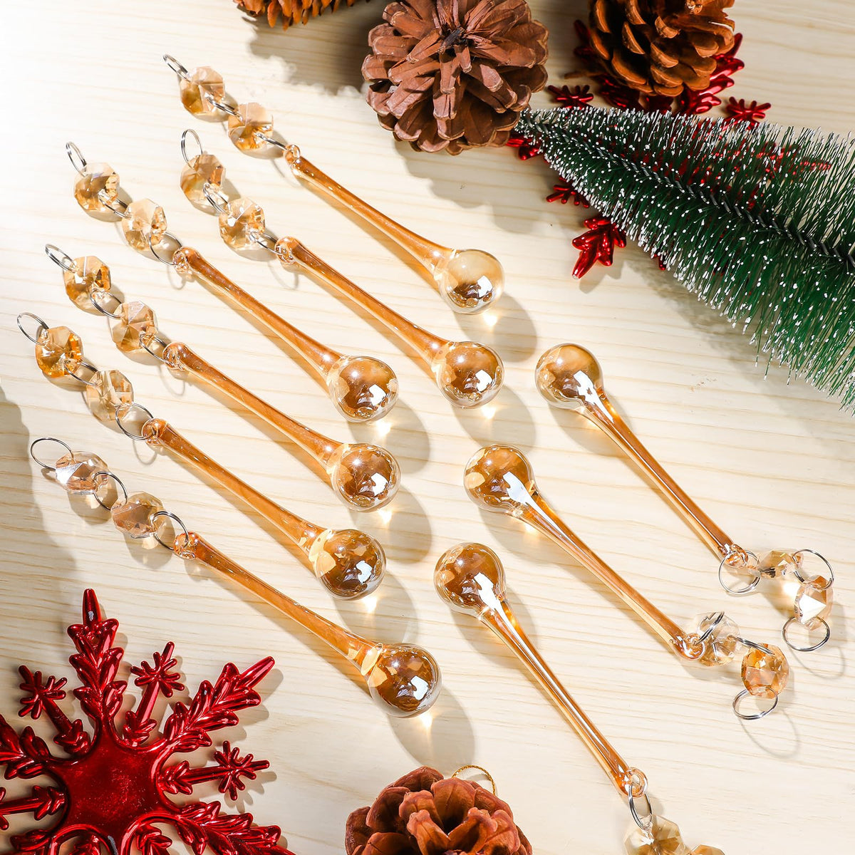 10pcs Christmas Glass Teardrop Ornaments - Chandelier Champagne Crystal Glass Raindrop Ornaments for Christmas Tree Decorations