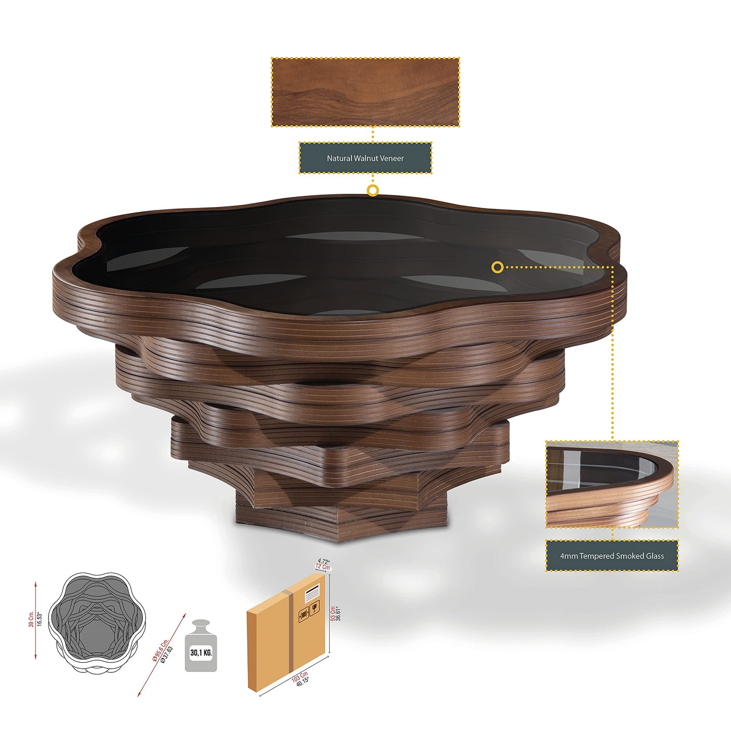 Papella Organic Round Coffee Table – Wavy Walnut Wood Base with Tempered Glass – Artistic Center Table for Modern Interiors, Studio & Office Furniture, Daisy Model