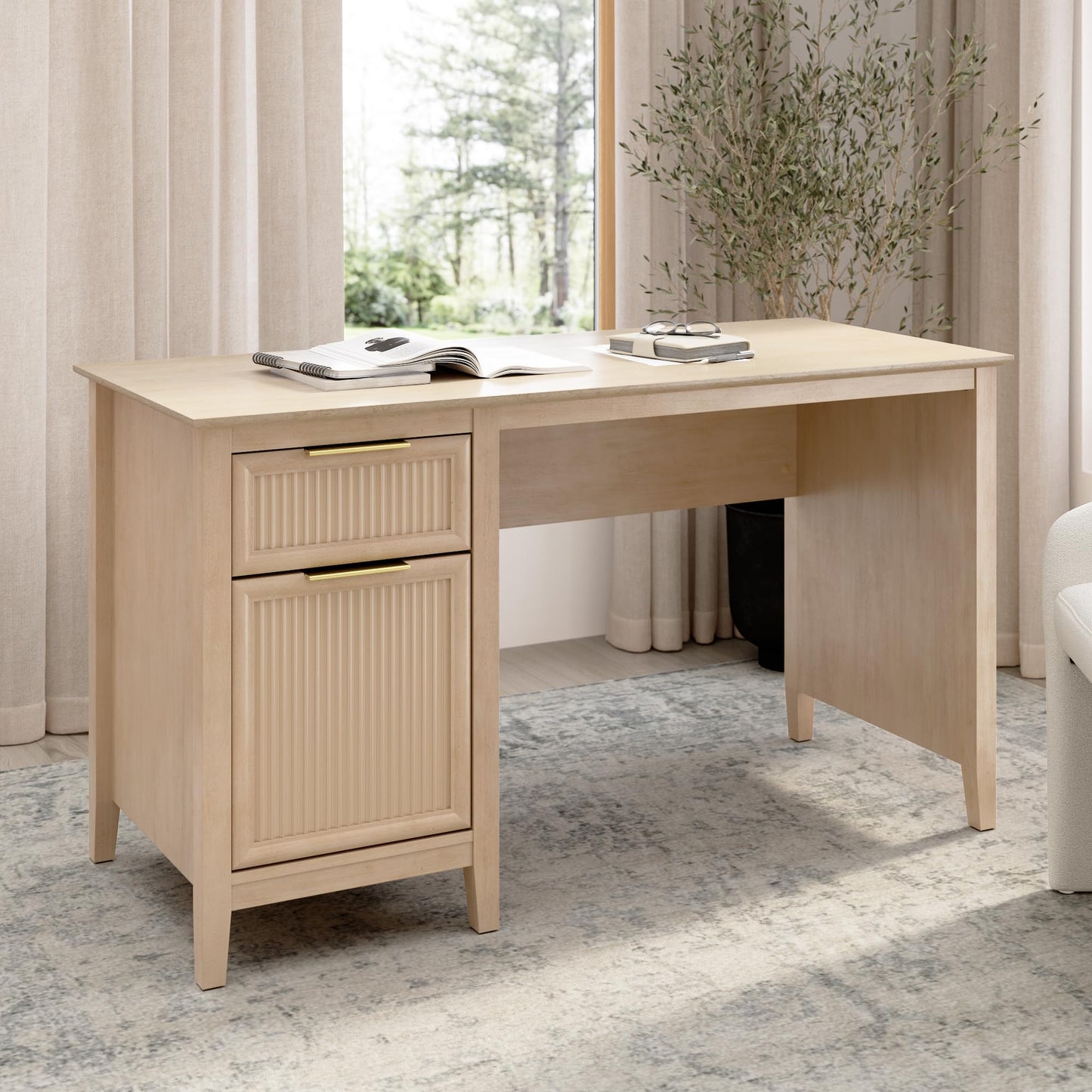 Bush Home 54-Inch Writing Desk with Storage, Fluted Computer Study Laptop Table Workstation with Spacious Drawer and Door Storage, Home Office Furniture, Make Up Vanity, Camille Collection, Onyx Birch