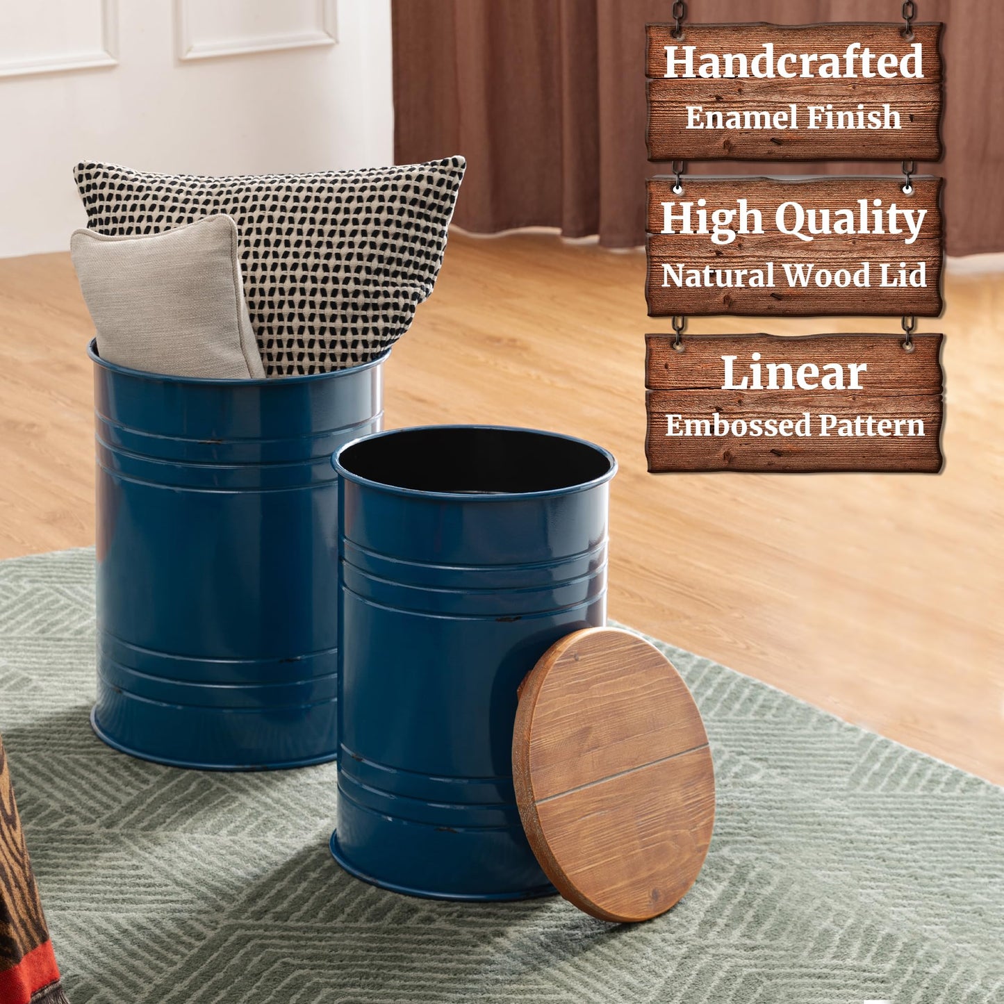 Glitzhome Rustic Storage Ottoman Seat Stool, Farmhouse Nesting End Table, Galvanized Barrel Metal Accent Side Table Toy Box Bin with Round Wood Lid for Living Room, Set of 2, Navy Blue