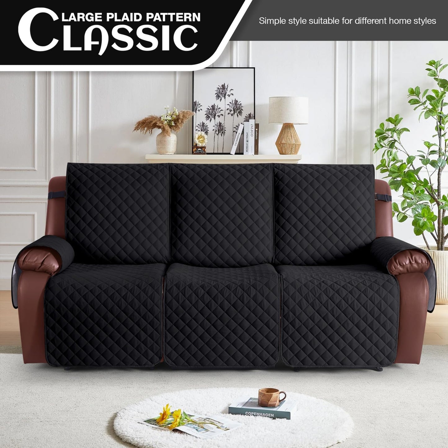 KinCam Recliner Sofa Covers for 3 Seat, 100% Waterproof Reclining Couch Covers, Non-Slip Recliner Couch Cover Furniture Protector with Elastic Straps for Pets, Kids, Black
