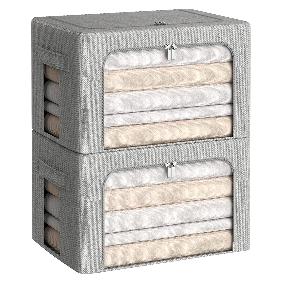 CYhom Clothes Storage Bins Box - Linen Fabric Foldable Stackable Container Organizer Set with Clear Window & Carry Handles & Metal Frame (Light Grey, Medium-36L)