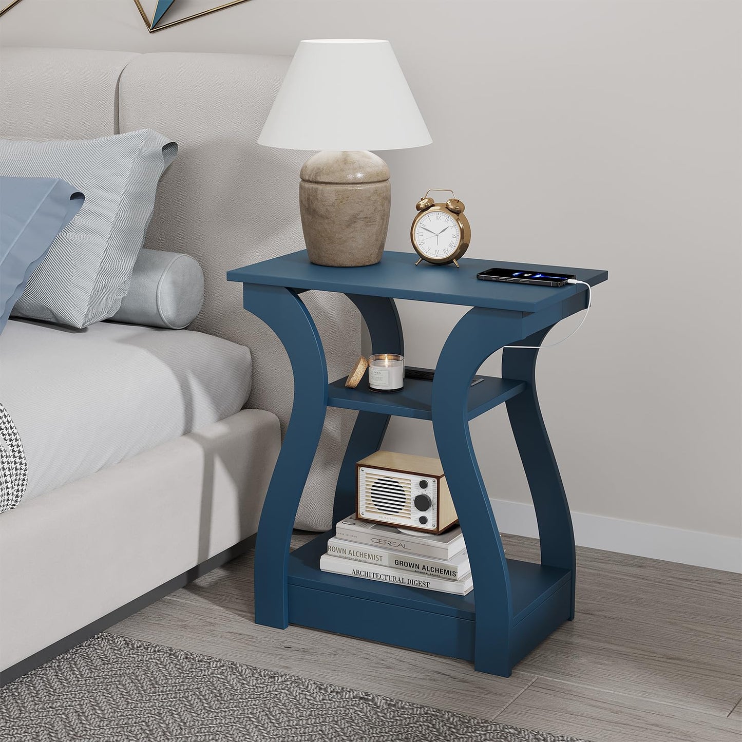 FROMJBEST End Tables Living Room, End Table end Table with Charging Station and USB,Navy Blue Side Table, Nightstand for Bedroom,3 Tier End Table with Storage Shelf for Living Room