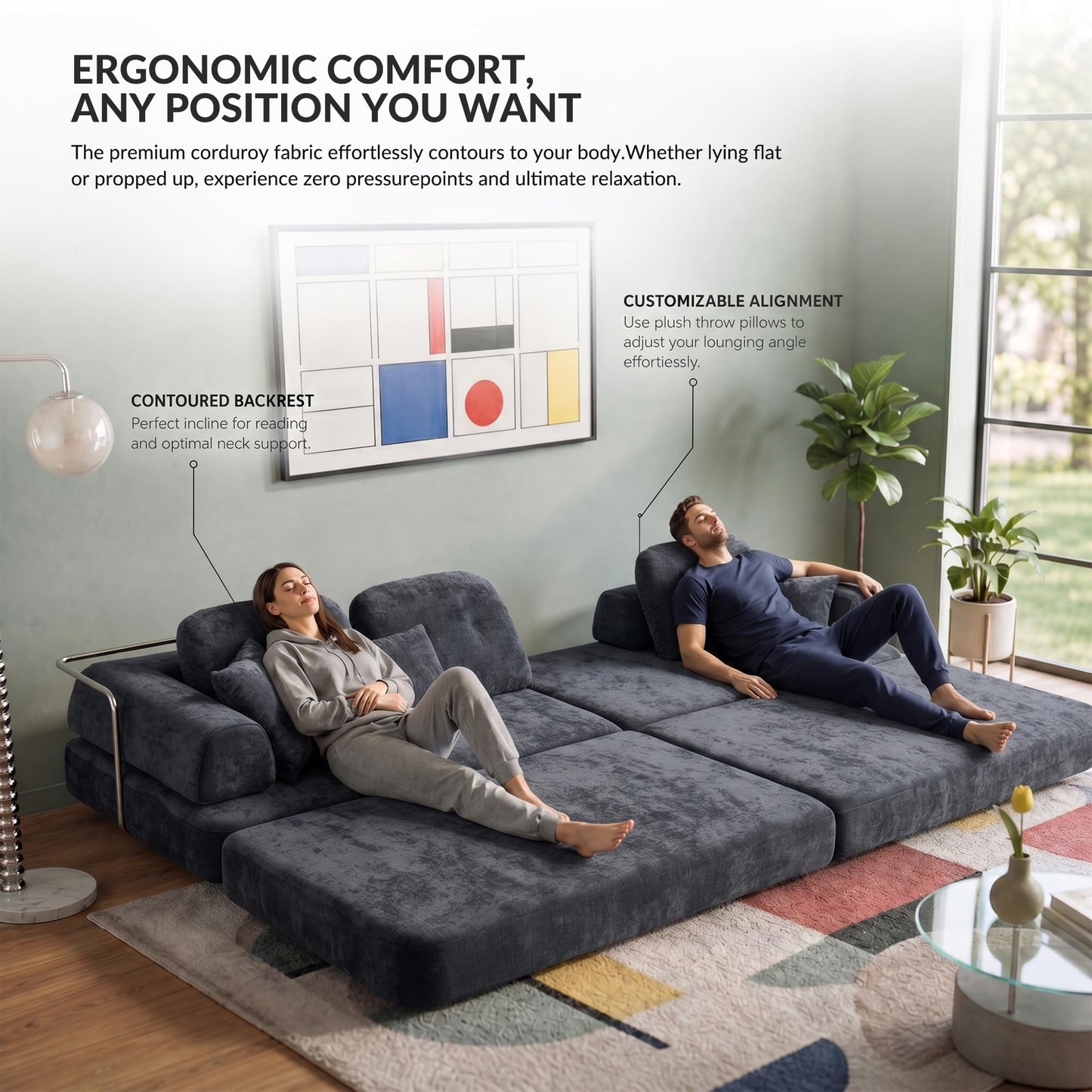 YasuSoofa Boneless Sectional Couch with Chaise, Convertible L-Shape Floor Sleeper with High Headrest, Modular Sofa Bed for Living Room Apartment, No Assembly, Gray