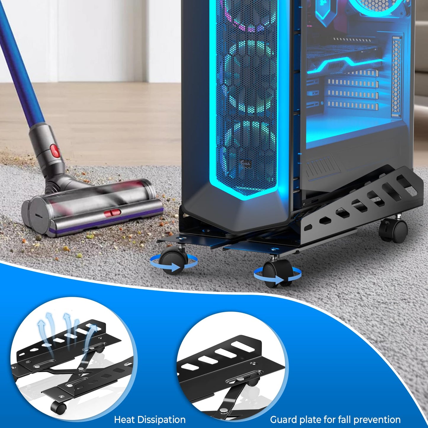 AGPTEK Adjustable CPU Stand, Steel Rolling Computer Tower Stand, Black