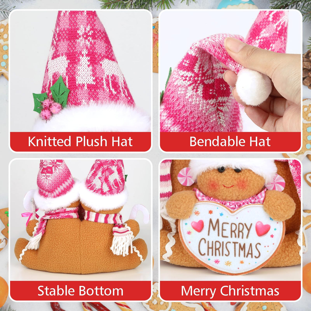 HMASYO Pink Gingerbread Family Christmas Gnome Decoration, 14 Inch Plush Gingerbread Candy Christmas Stuff Figurines for Home Fireplace Window Tabletop Tiered Tray Holiday Xmas Decor (Pink)
