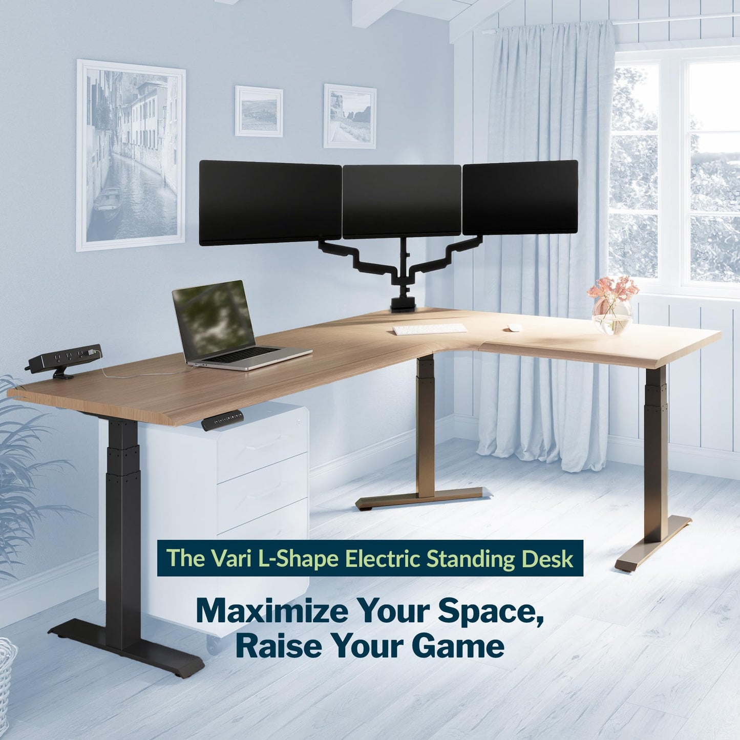Vari ComfortEdge 80x60 L-Shape Electric Standing Desk – Height Adjustable Sit-Stand VariDesk for Corner Office with Reversible Left/Right Design – Light Wood Top/Slate Legs (Ships in 3 Boxes)
