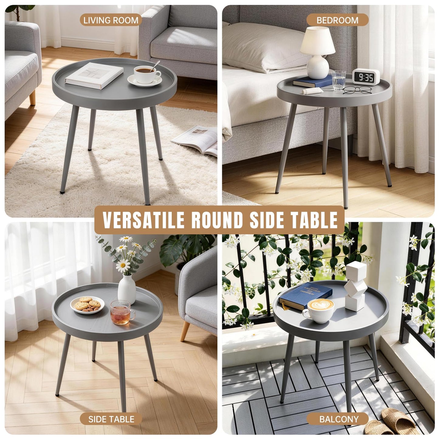 CHAIRABLE 20" Round Side Table, Plastic Top, Iron Frame, Waterproof, Gray