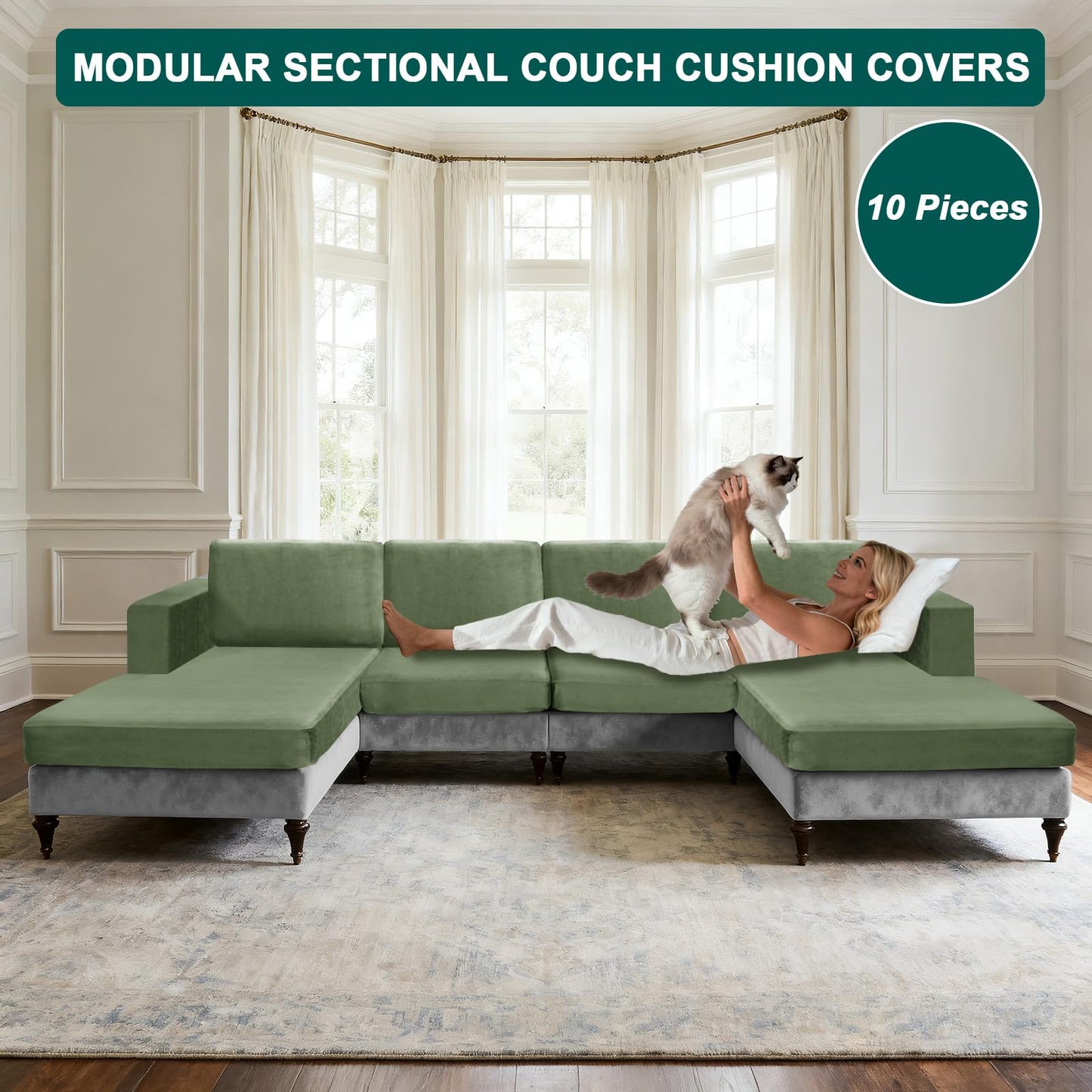 10 Pieces Sofa Cushion Covers for U-Shaped Modular Sectional Couch with 4 Seat+4 Back+2 Arms, Stretch Velvet Upholstered Covers for Sofa Bed with Deep Double Chaise (Avocado,Universal (10 Pieces))