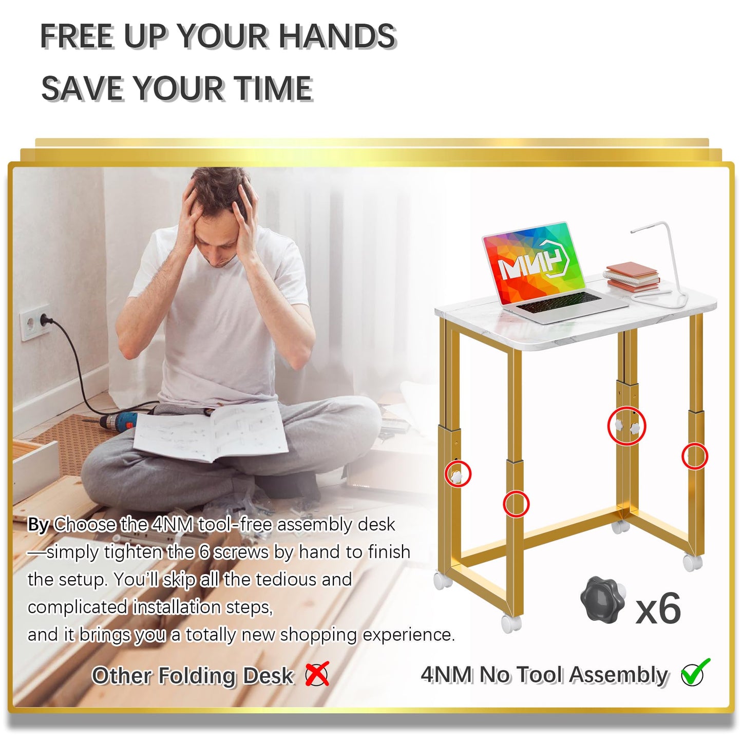 4NM No Tool Assembly 23.6" Small Desk, Folding Portable Desk with Wheels, Adjustable Height Foldable Computer Home Office Desks, Collapsible Study Writing Table for Space Saving Bedroom - White Gold