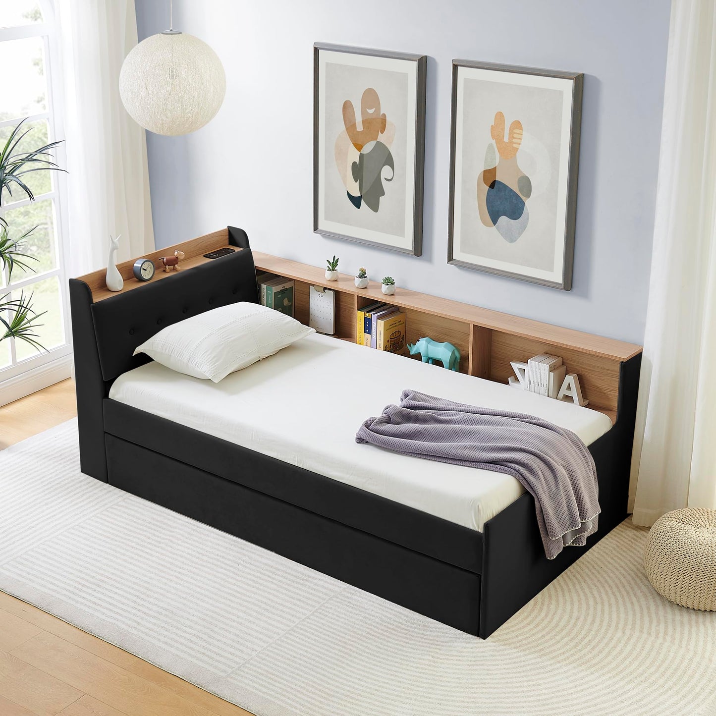 Twin Size Upholstery Velvet Height Adjustable Day Bed with Storage Headboard and Wireless Charging, Multi-Functional Daybed with Trundle Bed & LED Lights, Black