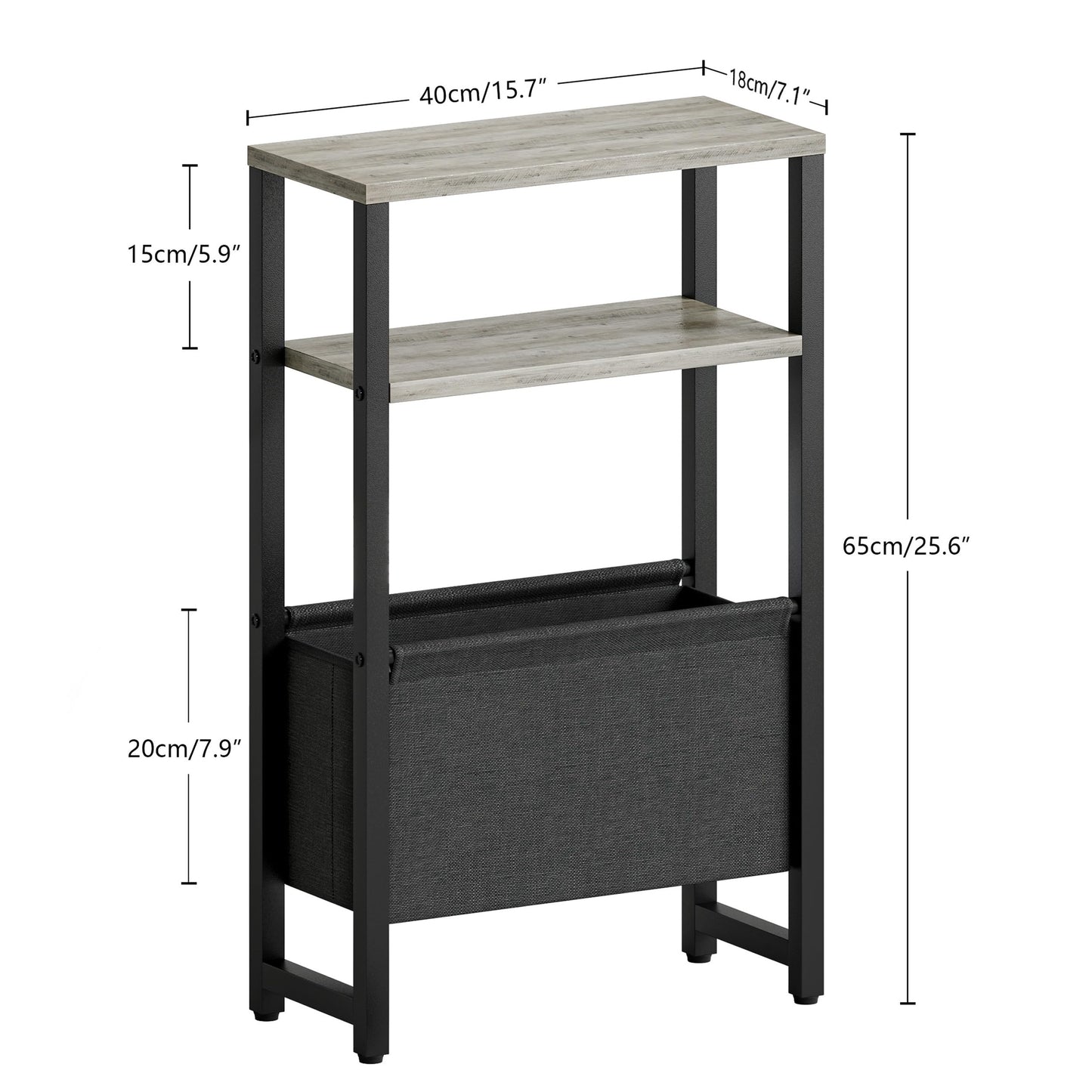 IRCPEN Narrow Side Table, Slim End Table with Magazine Rack, Skinny Bedside Table for Small Spaces, 3 Tier Sofa Couch Table Nightstand for Living Room, Bedroom,Oak Grey LET503Q