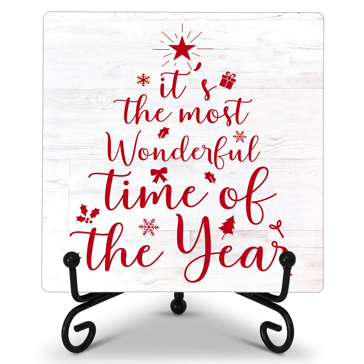 Cazhes Christmas Decorations for Home Bedroom Kitchen, Red Christmas Wooden Decor, 5x5 Inches Xmas Tree Sign with Iron Stand, Birthday New Year Gifts for Women-G09