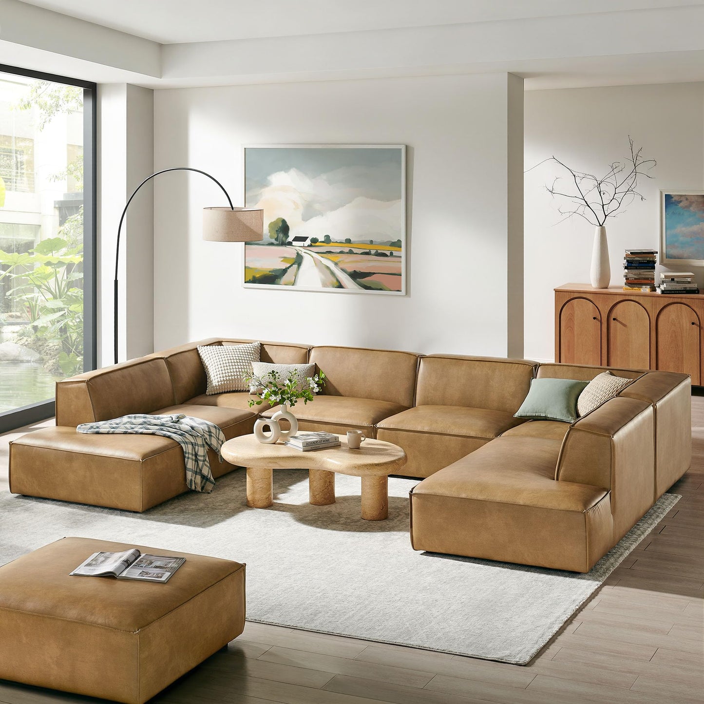 Modway Restore Faux Leather 6-Piece Modular U-Shaped Armless Sectional Sofa in Toast – Vegan Leather Couch with Left-Facing Chaise, Right-Facing Armless Chaise, and Two Armless Chairs
