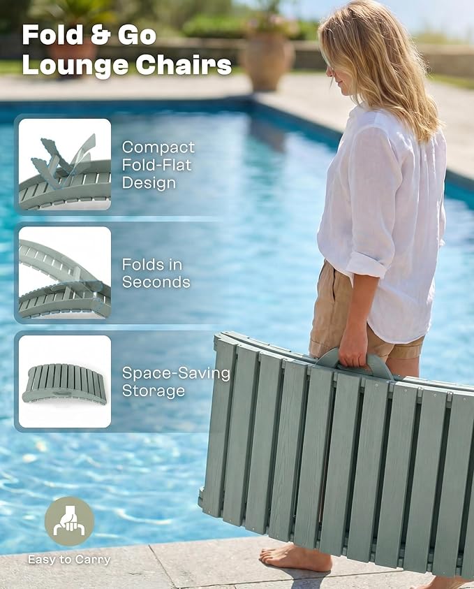 Folding HDPE Pool Lounge Chairs Set of 4, Pre-Assembled Outdoor Chaise Lounge