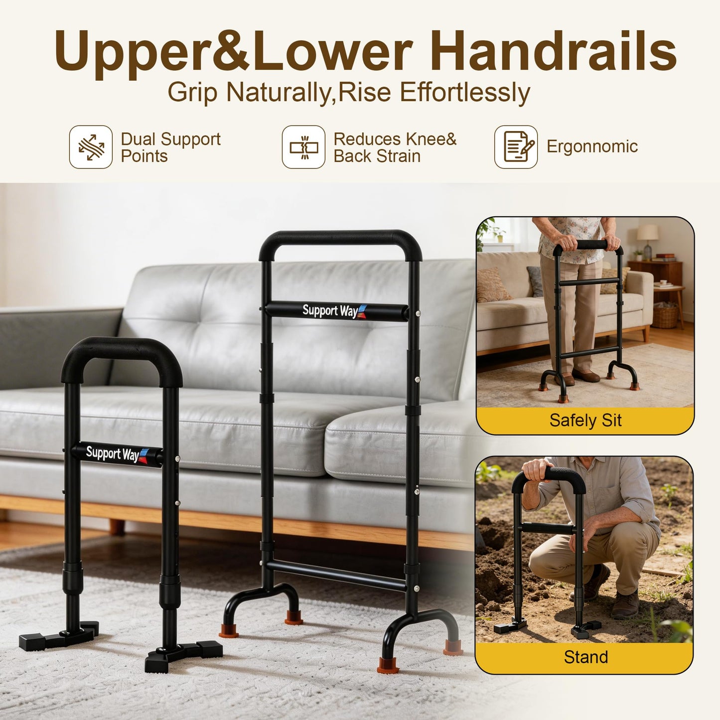 2-in-1 Stand Assist Aid Combo – Adjustable Standing Support for Seniors (20-26.8" Cane & Heavy-Duty Couch Riser), Lift Assist Device for Getting Up from Floor, Kneeling, Low Seats, or Sofa, Supports 4