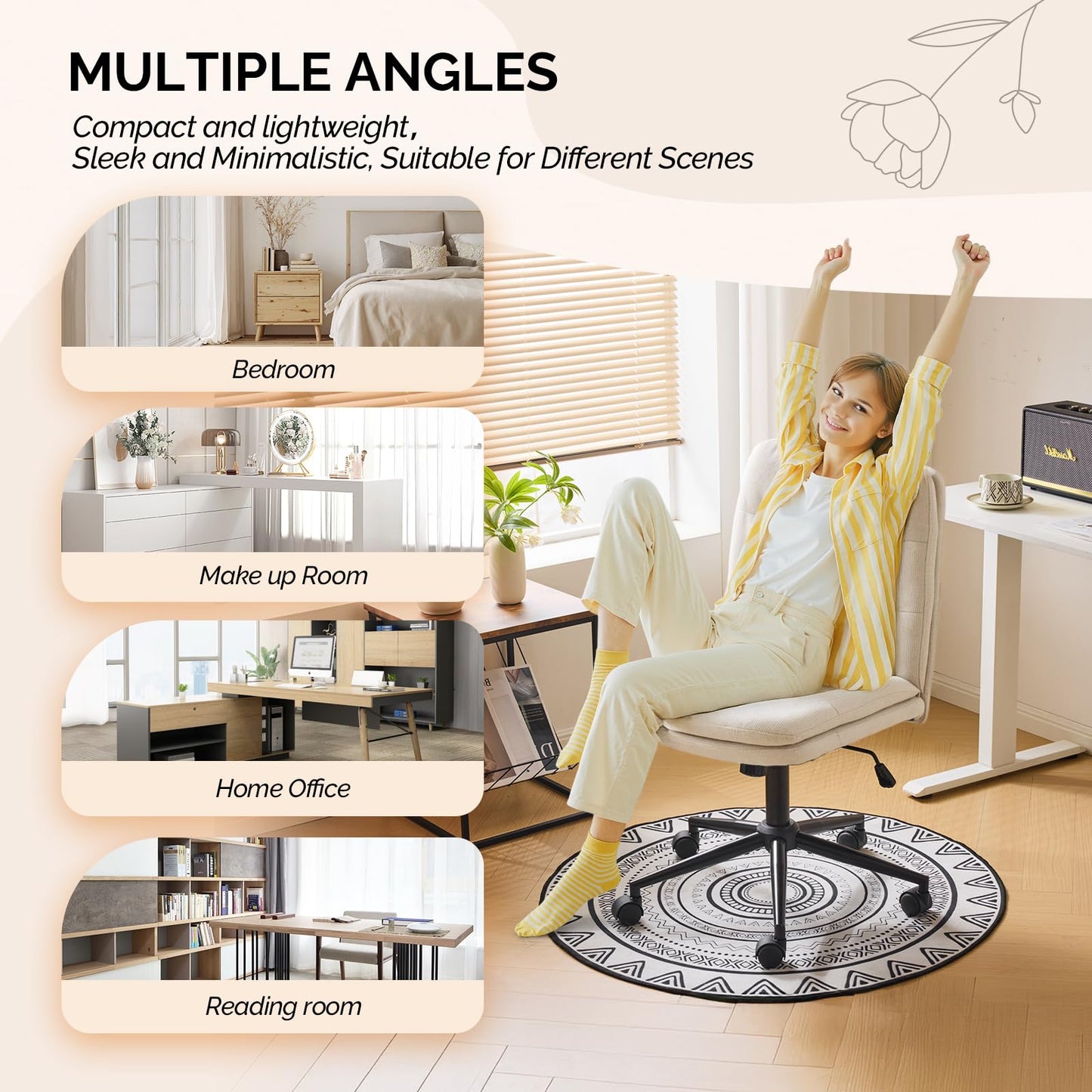 VINGLI Mid Back Armless Office Desk Chair with Wheels/no Wheels,360°Rocking Swivel Vanity Chair with Thickened Cushion,Adjustable Height Rolling for Reading Room, Make up,Linen Beige