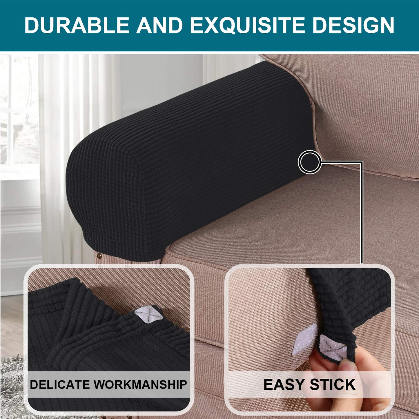 Turquoize Stretch Armrest Covers for Chairs and Sofas Couch Arm Covers for Sofa Spandex Jacquard Armrest Cover Anti-Slip Furniture Protector Washable Armchair Slipcovers for Recliner Set of 2, Black